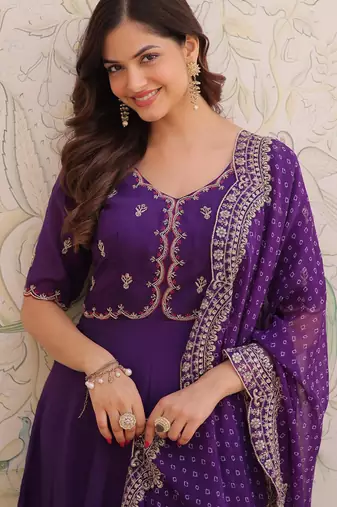 Purple beads thread embroidered mal chanderi anarkali gown set