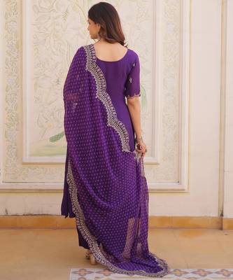 Purple beads thread embroidered mal chanderi anarkali gown set 4