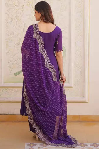 Purple beads thread embroidered mal chanderi anarkali gown set