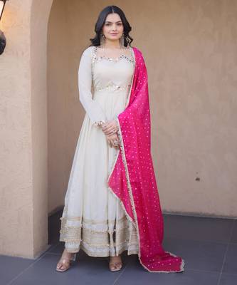 Pink sequins zari embroidered russian silk anarkali gown with dupatta 1