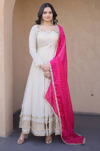 Pink sequins zari embroidered russian silk anarkali gown with dupatta