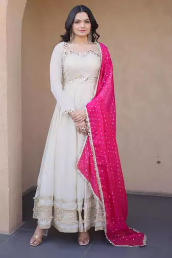 Pink sequins zari embroidered russian silk anarkali gown with dupatta