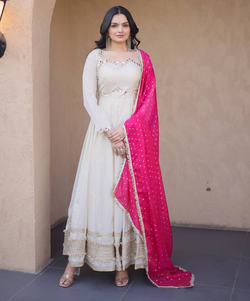 Pink sequins zari embroidered russian silk anarkali gown with dupatta
