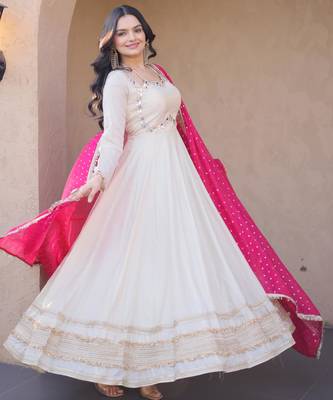 Pink sequins zari embroidered russian silk anarkali gown with dupatta 2