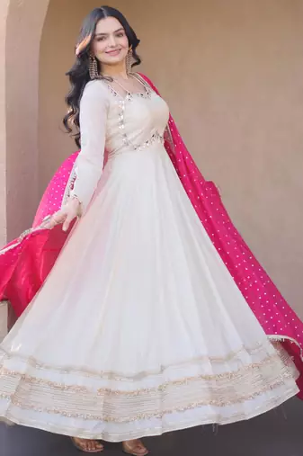 Pink sequins zari embroidered russian silk anarkali gown with dupatta