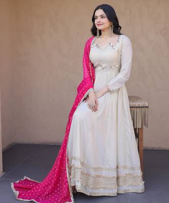 Pink sequins zari embroidered russian silk anarkali gown with dupatta 3