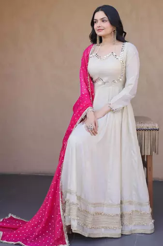 Pink sequins zari embroidered russian silk anarkali gown with dupatta