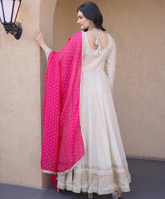 Pink sequins zari embroidered russian silk anarkali gown with dupatta 4