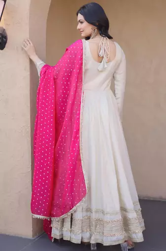 Pink sequins zari embroidered russian silk anarkali gown with dupatta