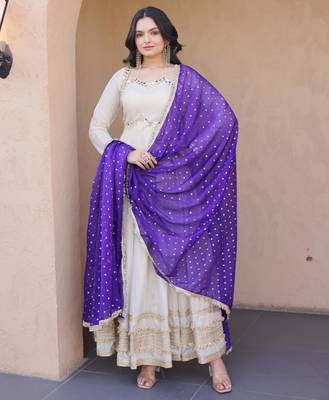 Off white real mirror zari embroidered cosmos anarkali gown with dupatta 1