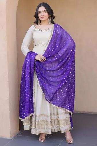 Off white real mirror zari embroidered cosmos anarkali gown with dupatta