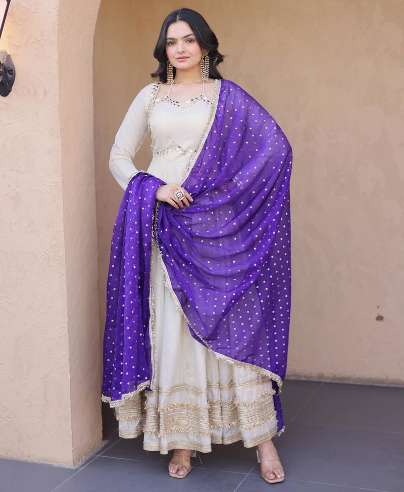 Off white real mirror zari embroidered cosmos anarkali gown with dupatta