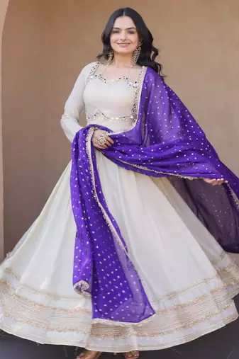 Off white real mirror zari embroidered cosmos anarkali gown with dupatta