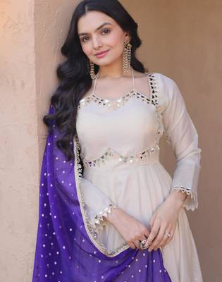 Off white real mirror zari embroidered cosmos anarkali gown with dupatta 3