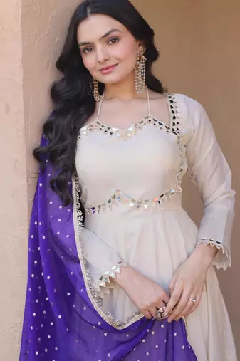 Off white real mirror zari embroidered cosmos anarkali gown with dupatta