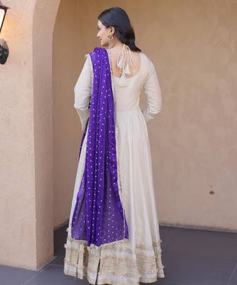 Off white real mirror zari embroidered cosmos anarkali gown with dupatta 4