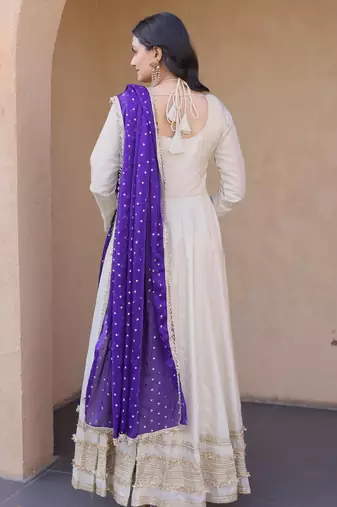 Off white real mirror zari embroidered cosmos anarkali gown with dupatta