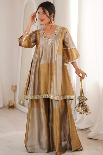 Antique gold embroidered tissue sharara set with batwa