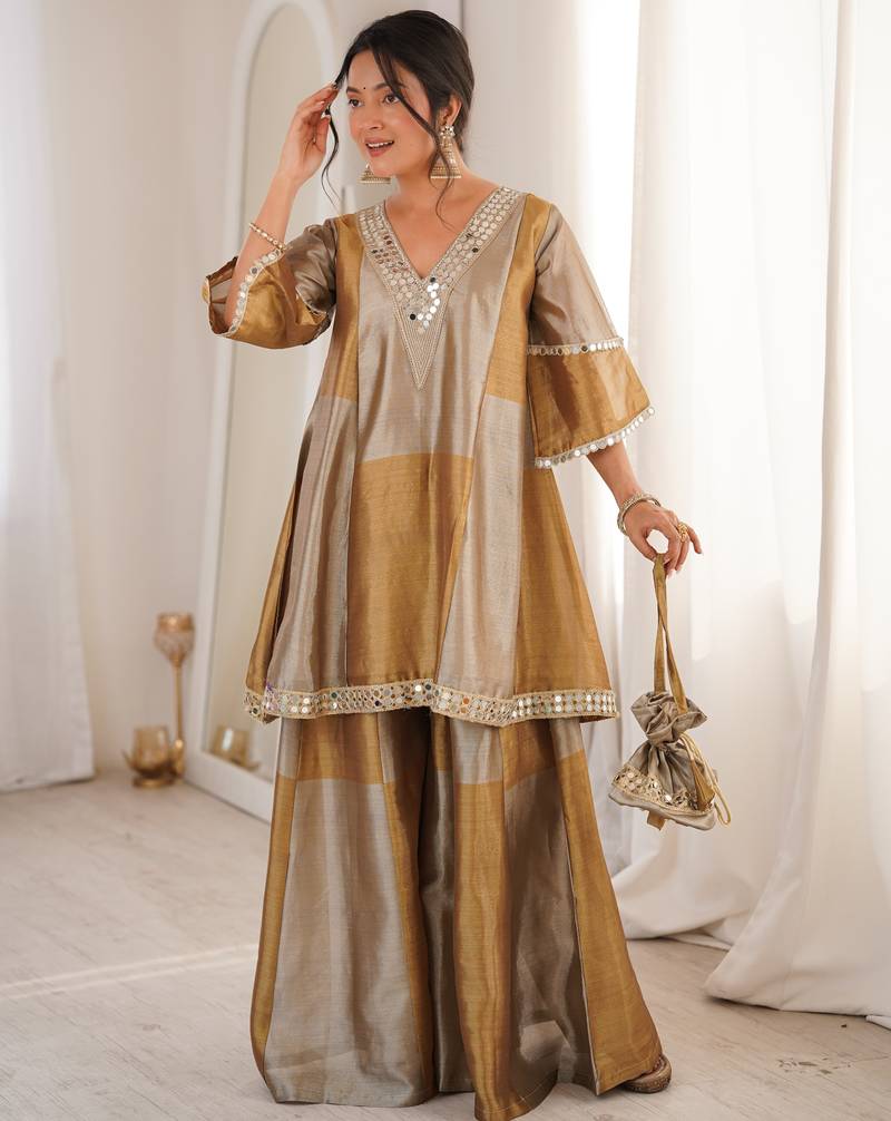 Antique gold embroidered tissue sharara set with batwa
