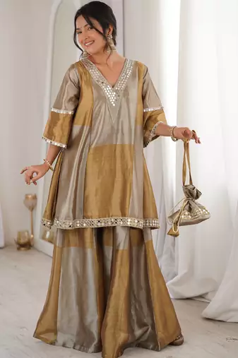 Antique gold embroidered tissue sharara set with batwa