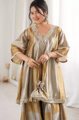 Antique gold embroidered tissue sharara set with batwa