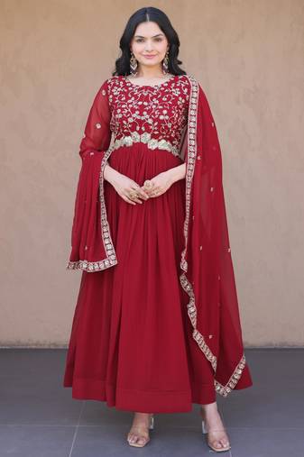 Maroon embroidered faux blooming anarkali gown with dupatta