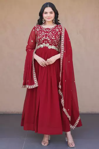 Maroon embroidered faux blooming anarkali gown with dupatta