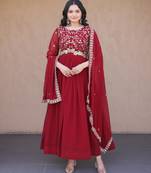 Maroon embroidered faux blooming anarkali gown with dupatta