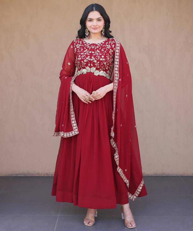 Maroon embroidered faux blooming anarkali gown with dupatta