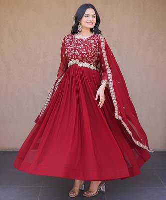 Maroon embroidered faux blooming anarkali gown with dupatta 2