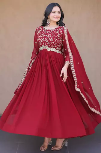 Maroon embroidered faux blooming anarkali gown with dupatta