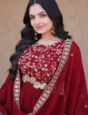 Maroon embroidered faux blooming anarkali gown with dupatta 3