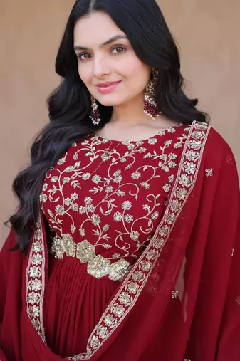 Maroon embroidered faux blooming anarkali gown with dupatta