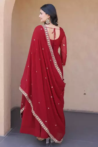 Maroon embroidered faux blooming anarkali gown with dupatta