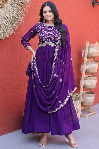 Purple embroidered faux blooming anarkali gown with dupatta