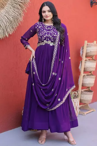Purple embroidered faux blooming anarkali gown with dupatta