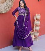 Purple embroidered faux blooming anarkali gown with dupatta