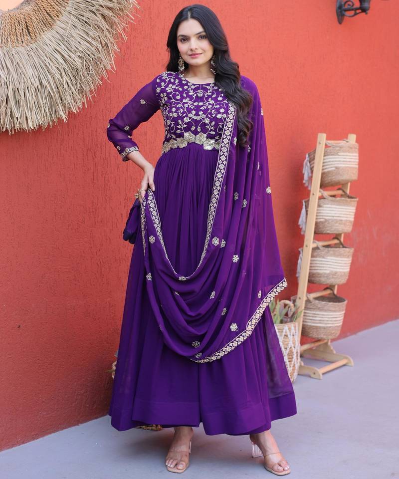 Purple embroidered faux blooming anarkali gown with dupatta