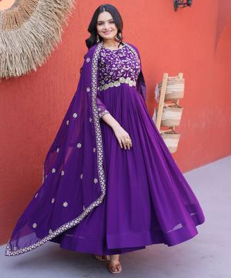 Purple embroidered faux blooming anarkali gown with dupatta 2