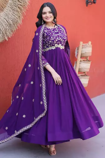 Purple embroidered faux blooming anarkali gown with dupatta