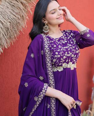 Purple embroidered faux blooming anarkali gown with dupatta 3