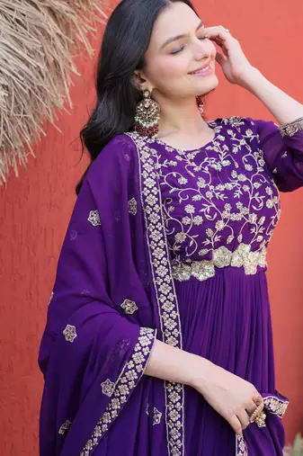 Purple embroidered faux blooming anarkali gown with dupatta