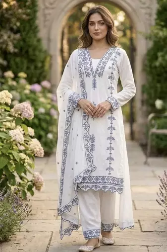Grey embroidered faux georgette salwar kameez with dupatta