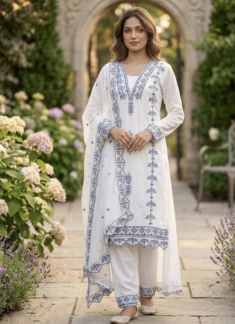 Grey embroidered faux georgette salwar kameez with dupatta