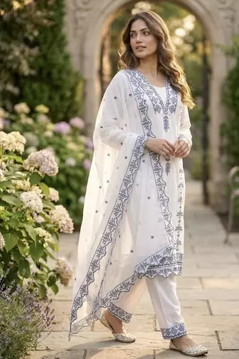 Grey embroidered faux georgette salwar kameez with dupatta