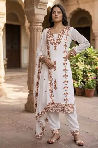 Brown embroidered faux georgette salwar kameez with dupatta