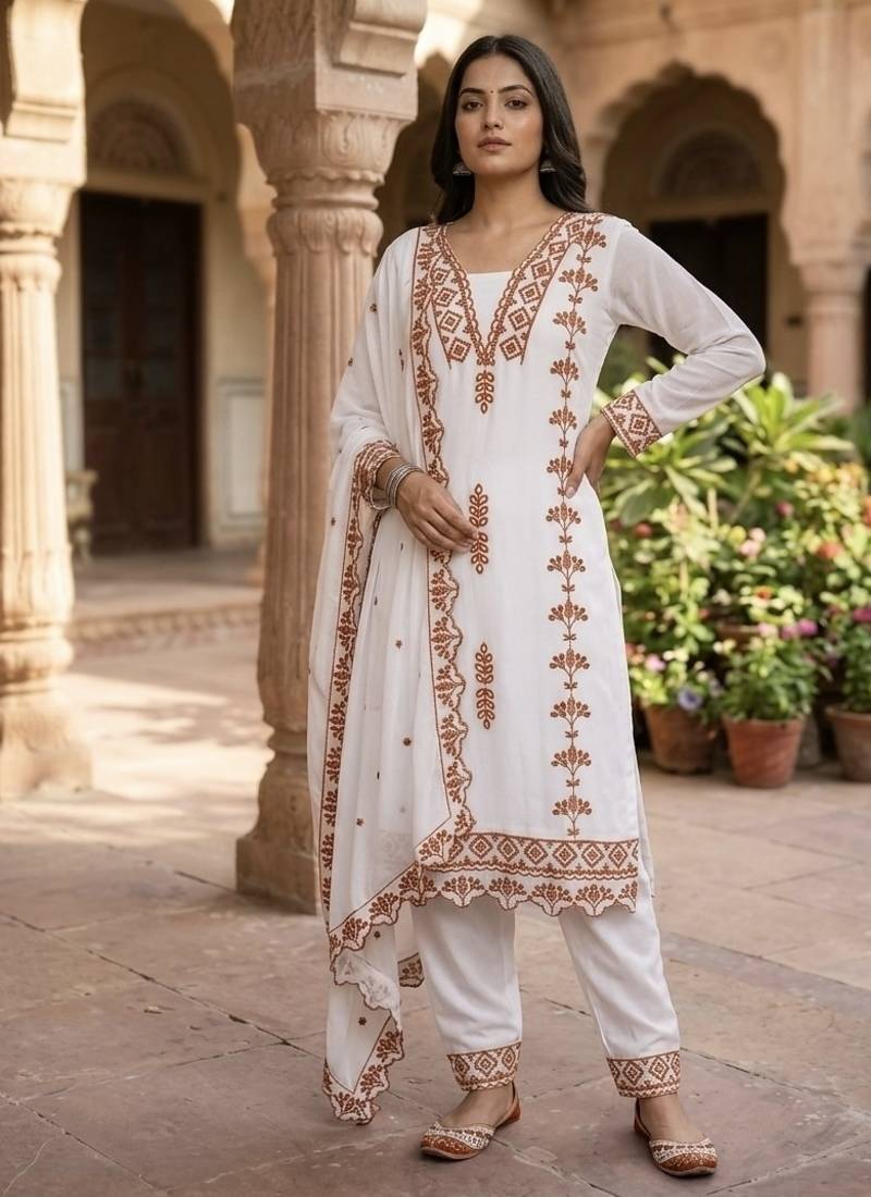 Brown embroidered faux georgette salwar kameez with dupatta