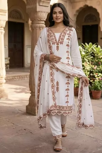 Brown embroidered faux georgette salwar kameez with dupatta