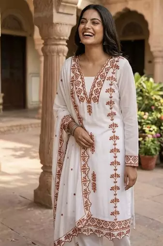 Brown embroidered faux georgette salwar kameez with dupatta