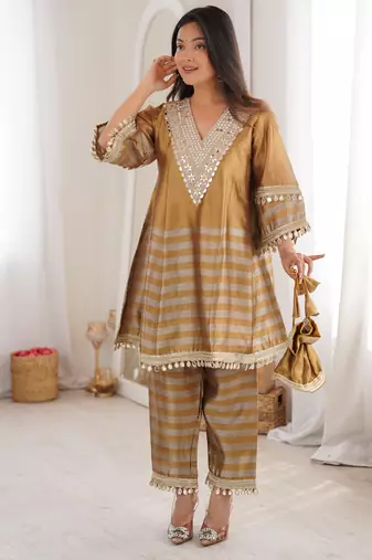 Antique gold embroidered faux georgette salwar kameez with dupatta